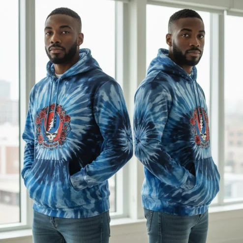 Skull Lightning Bolt Roses Blue Tie-Dye Hoodie for Men