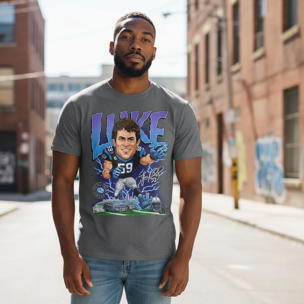 Luke Kuechly 59 Vintage Football Caricature Tee