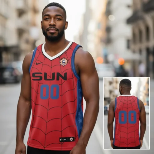 Red Spiderweb Superhero SUN Basketball Jersey Custom Number