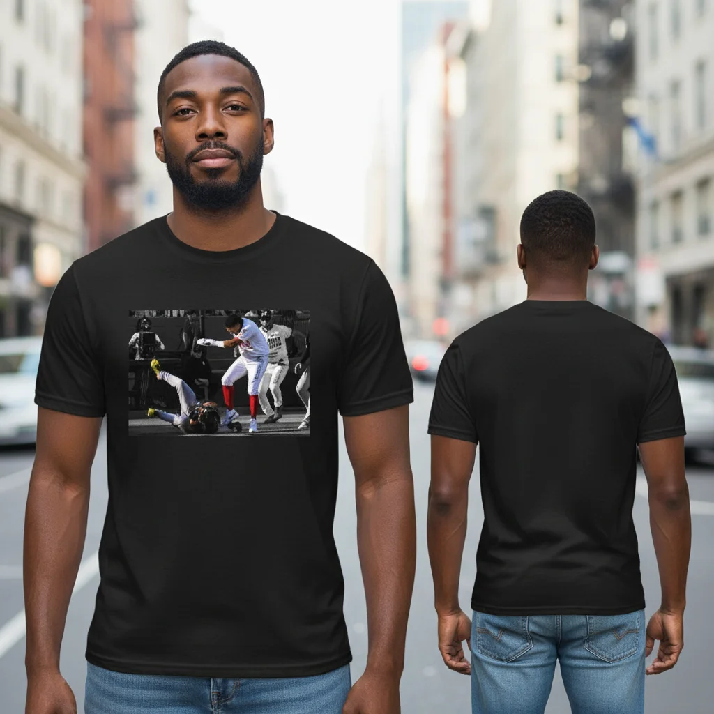Dramatic Baseball Action Scene Graphic Tee Sporty Game Day Shirt for Men