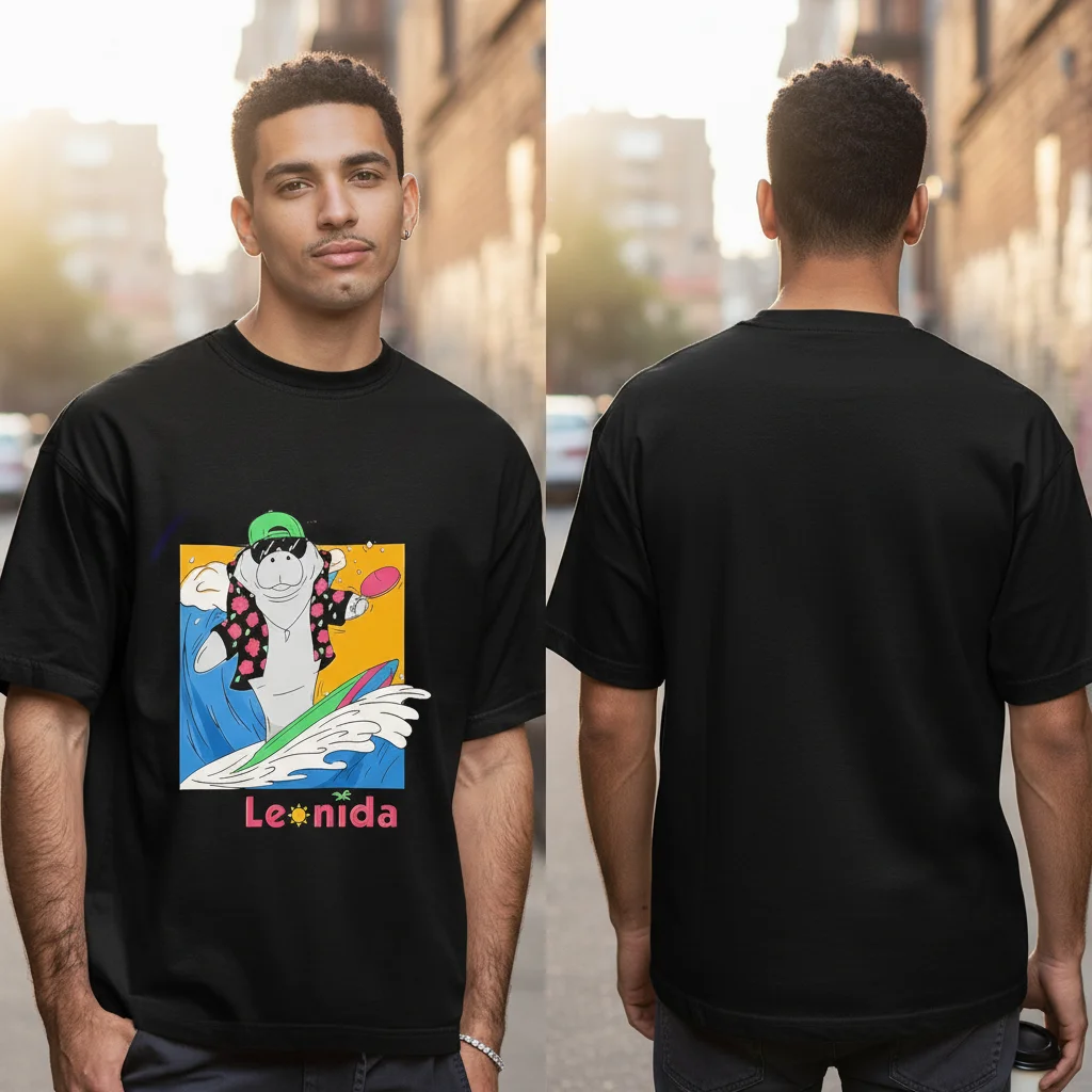 Leonida Surfing Manatee Fan Tee Funny Retro Graphic T-Shirt