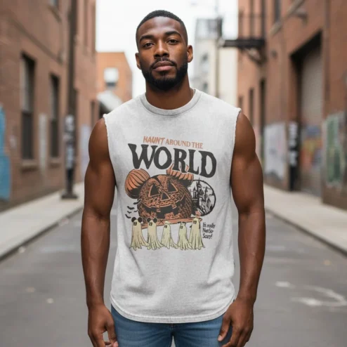 Haunt Around The World Never So Scary Sleeveless Shirt Vintage Mickey Pumpkin Halloween