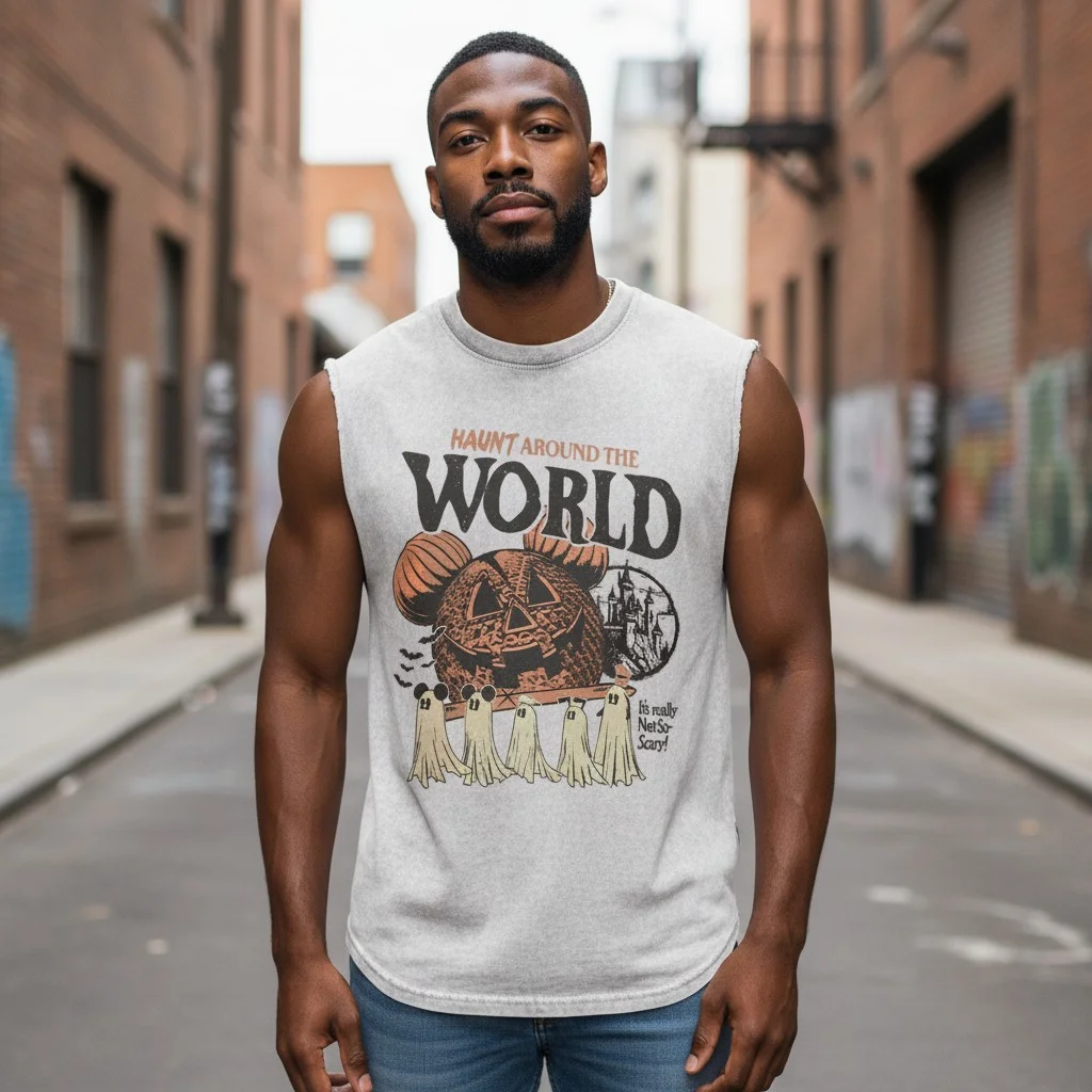 Haunt Around The World Never So Scary Sleeveless Shirt Vintage Mickey Pumpkin Halloween