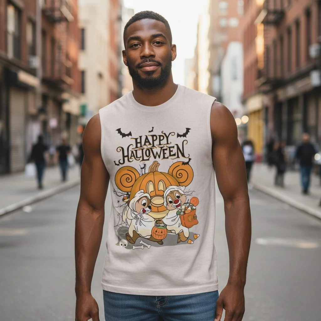 Happy Halloween Chip and Dale Sleeveless Shirt Mickey Pumpkin Trick or Treat Top