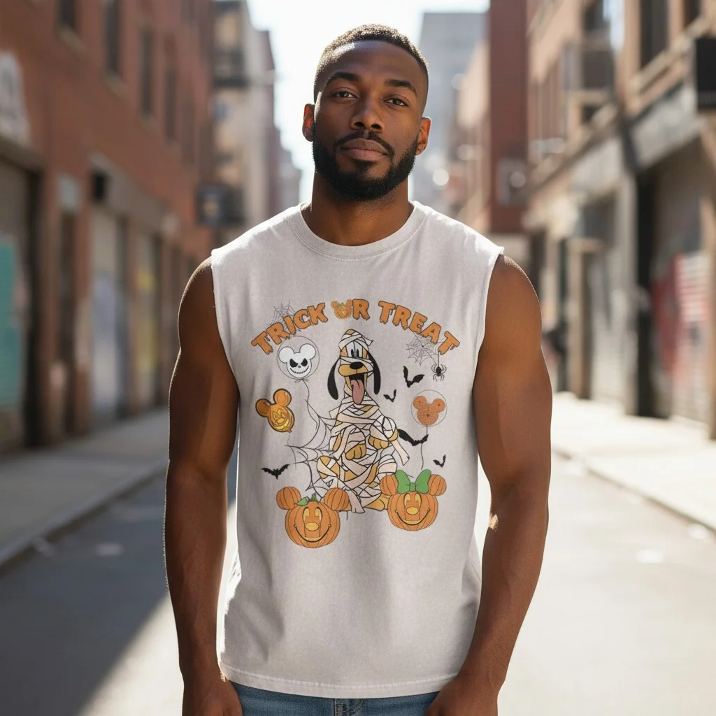 Trick or Treat Pluto Mummy Halloween Sleeveless Shirt Mickey Pumpkin Top for Men