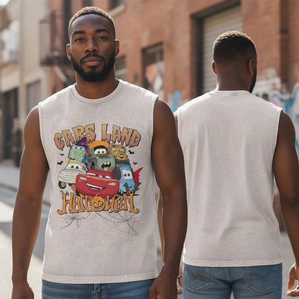 Cars Land Halloween Sleeveless Tee for Men Spooky Theme Park Graphic Shirt