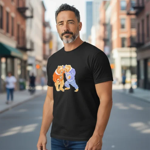 Two Boxing Bears Graphic Tee Retro Animal Fight Shirt for Men