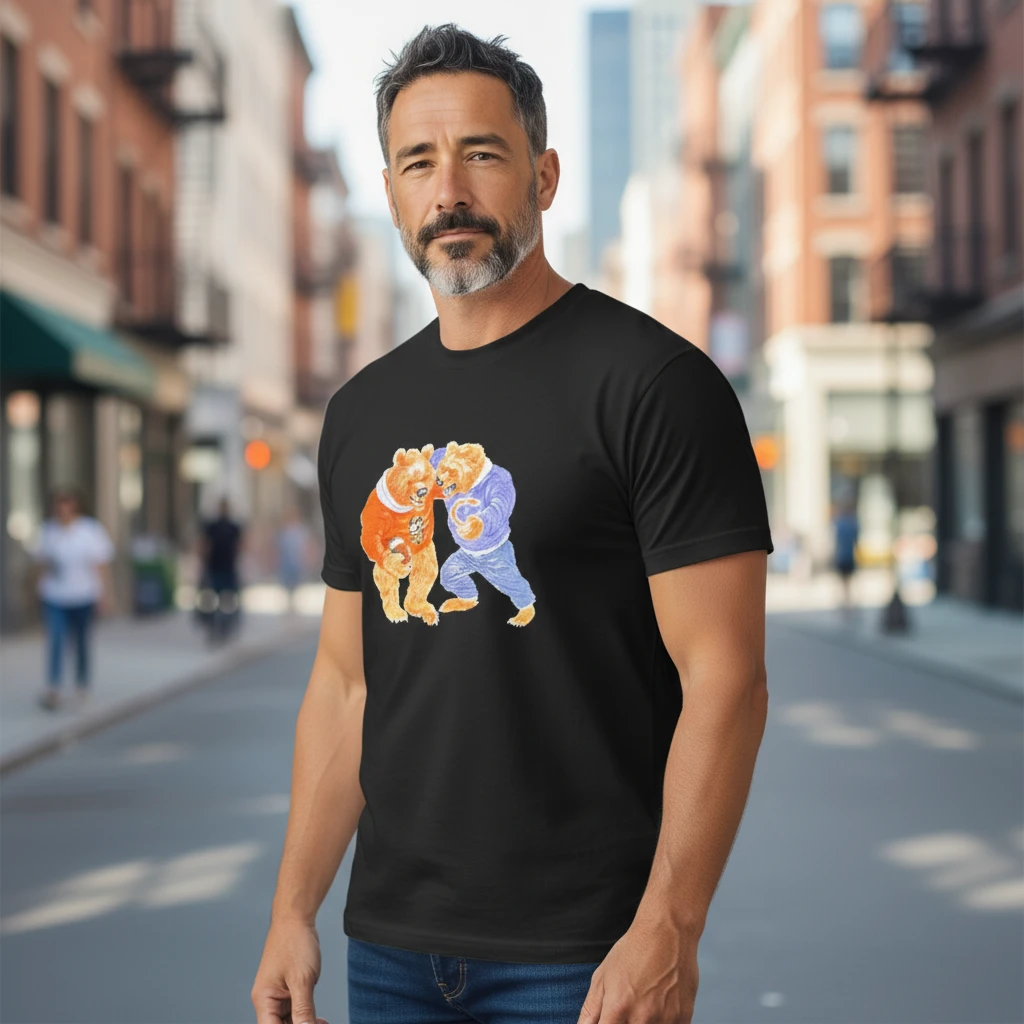 Two Boxing Bears Graphic Tee Retro Animal Fight Shirt for Men