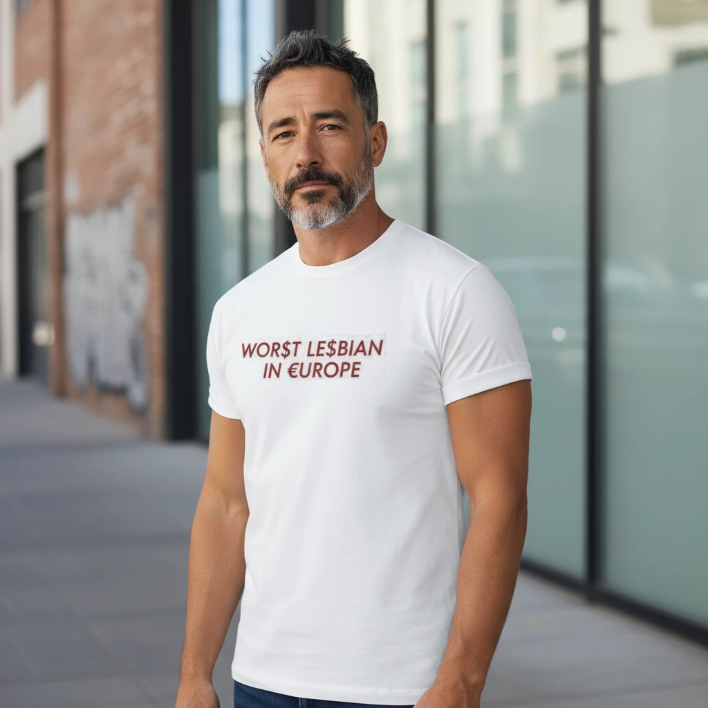 WOR$T LE$BIAN IN €UROPE Lesbian Humor Tee Ironic Queer Sarcasm Graphic Shirt