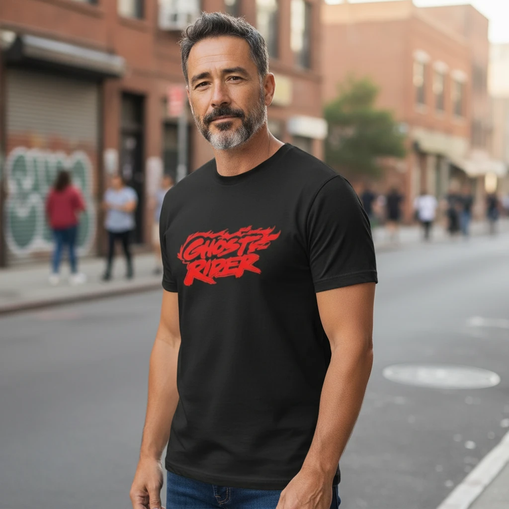 Ghost Rider Graphic Tee Red Flaming Text Retro Comic Shirt for Men