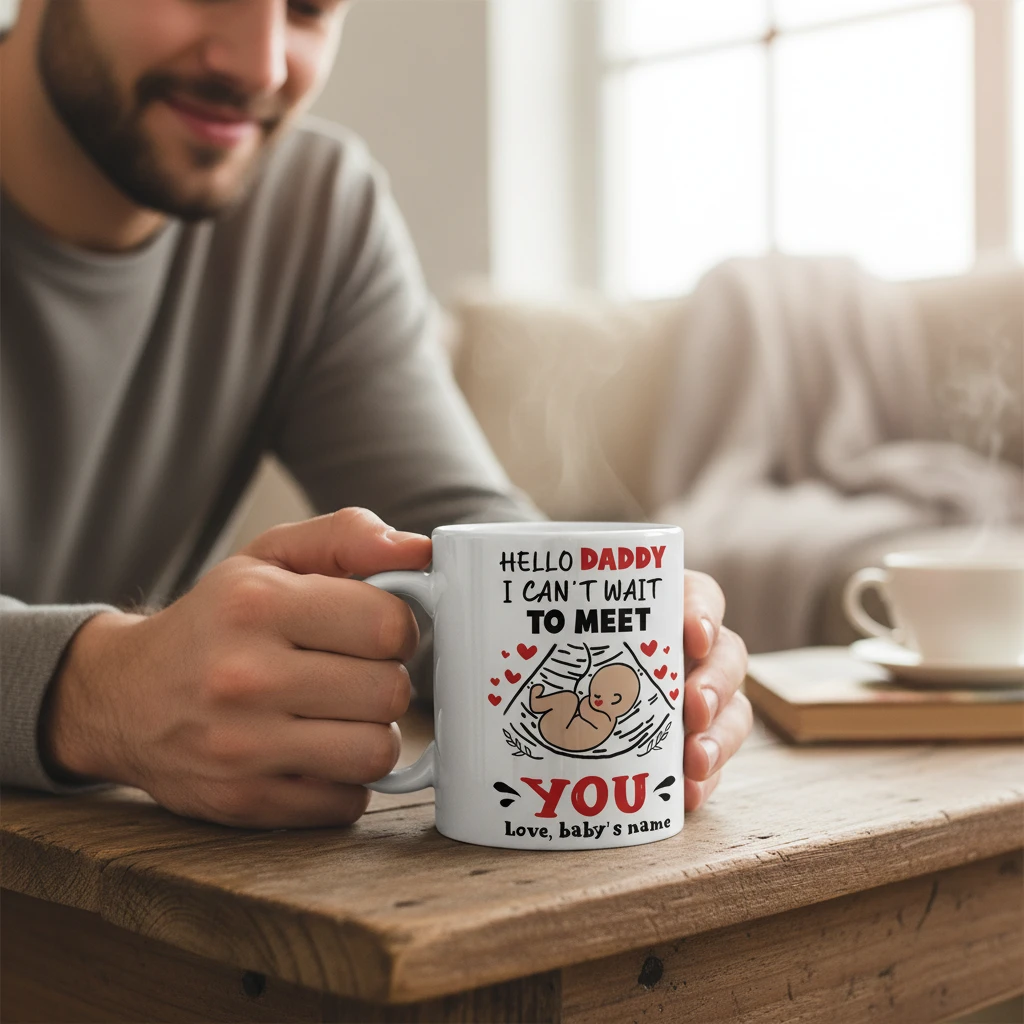 Hello Daddy I Can't Wait to Meet You Personalized Mug for New Dad Pregnancy Announcement