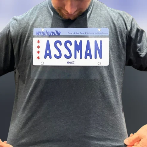 Wrigleyville Assman License Plate Tee, Funny Chicago Baseball Pitcher T-Shirt