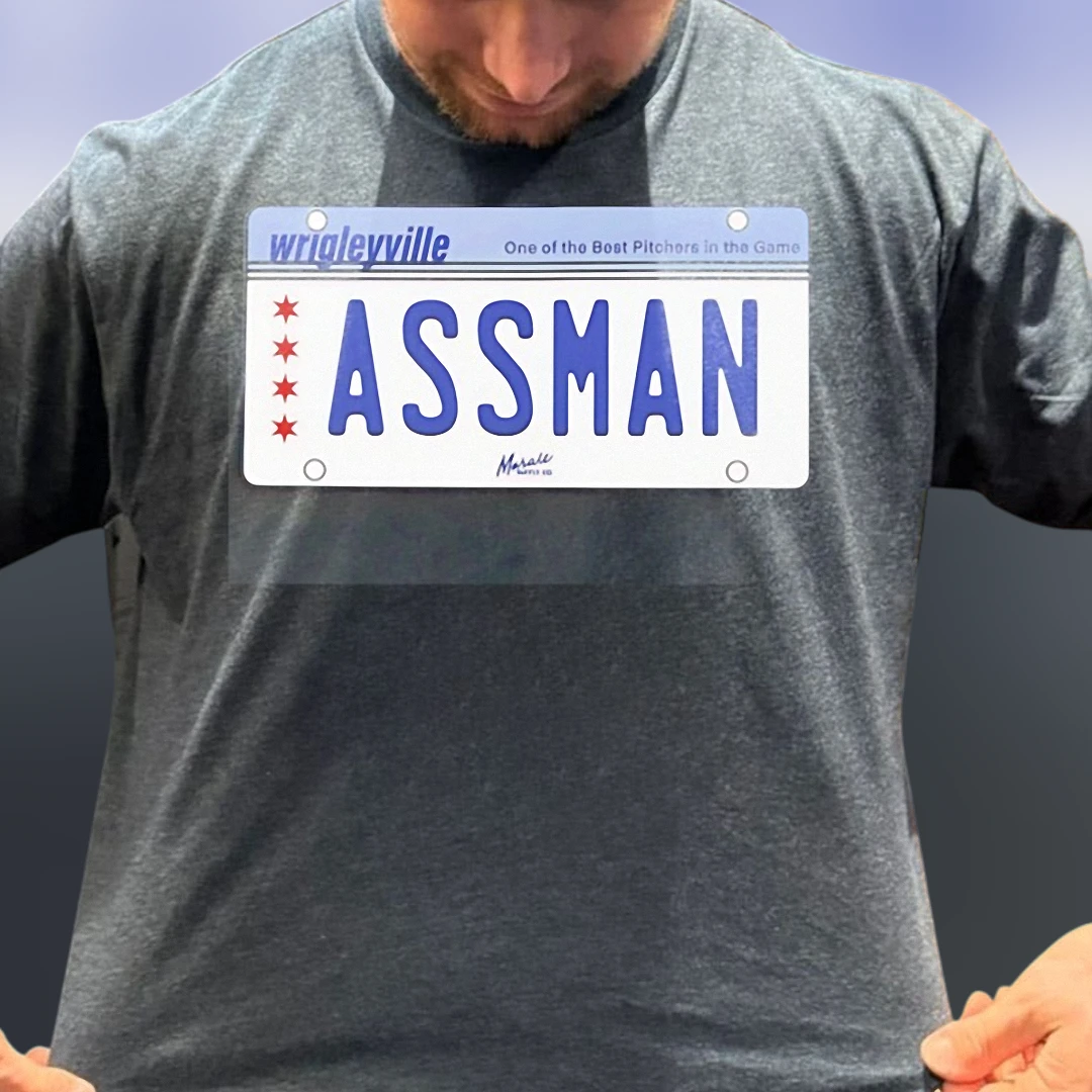 Wrigleyville Assman License Plate Tee, Funny Chicago Baseball Pitcher T-Shirt