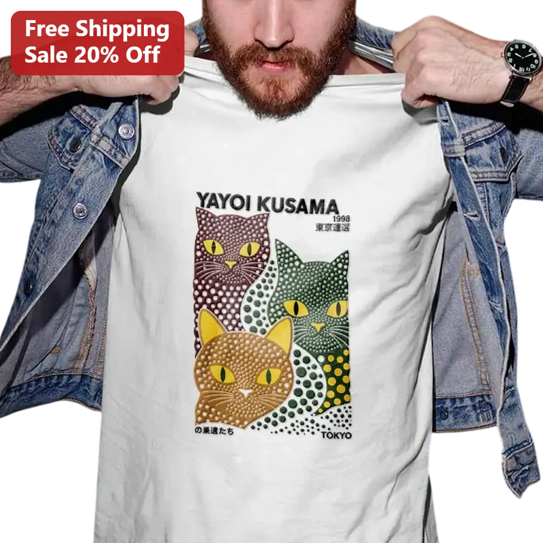 Yayoi Kusama 1998 Tokyo Tee, Polka Dot Cat Art Graphic Shirt, Japanese Contemporary Artist Gift for Art Lovers