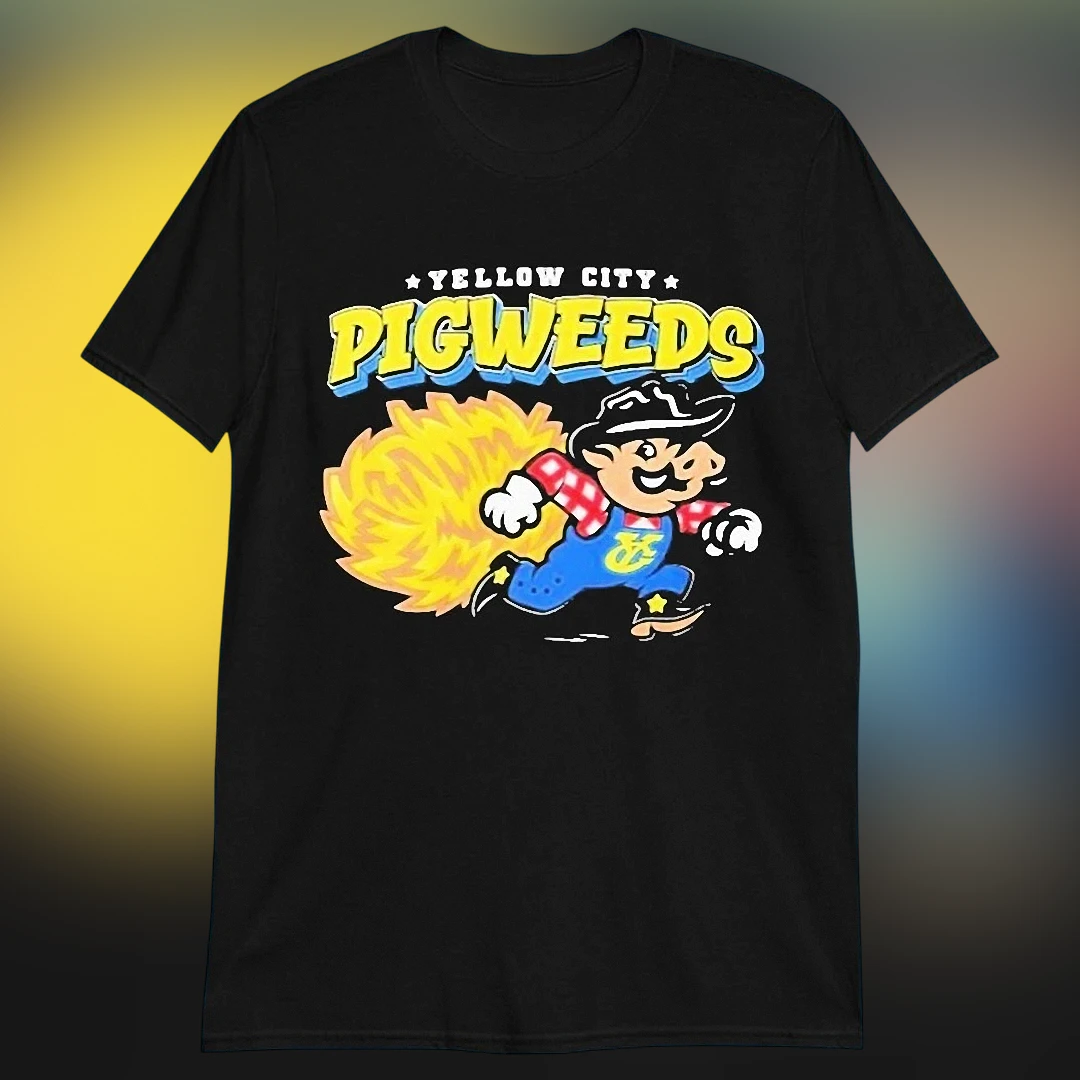 Yellow City Pigweeds Tee Retro Cartoon Pig Mascot Graphic T-Shirt