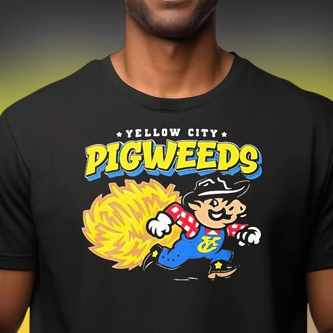 Yellow City Pigweeds Tee Retro Cowboy Pig Mascot Graphic T-Shirt