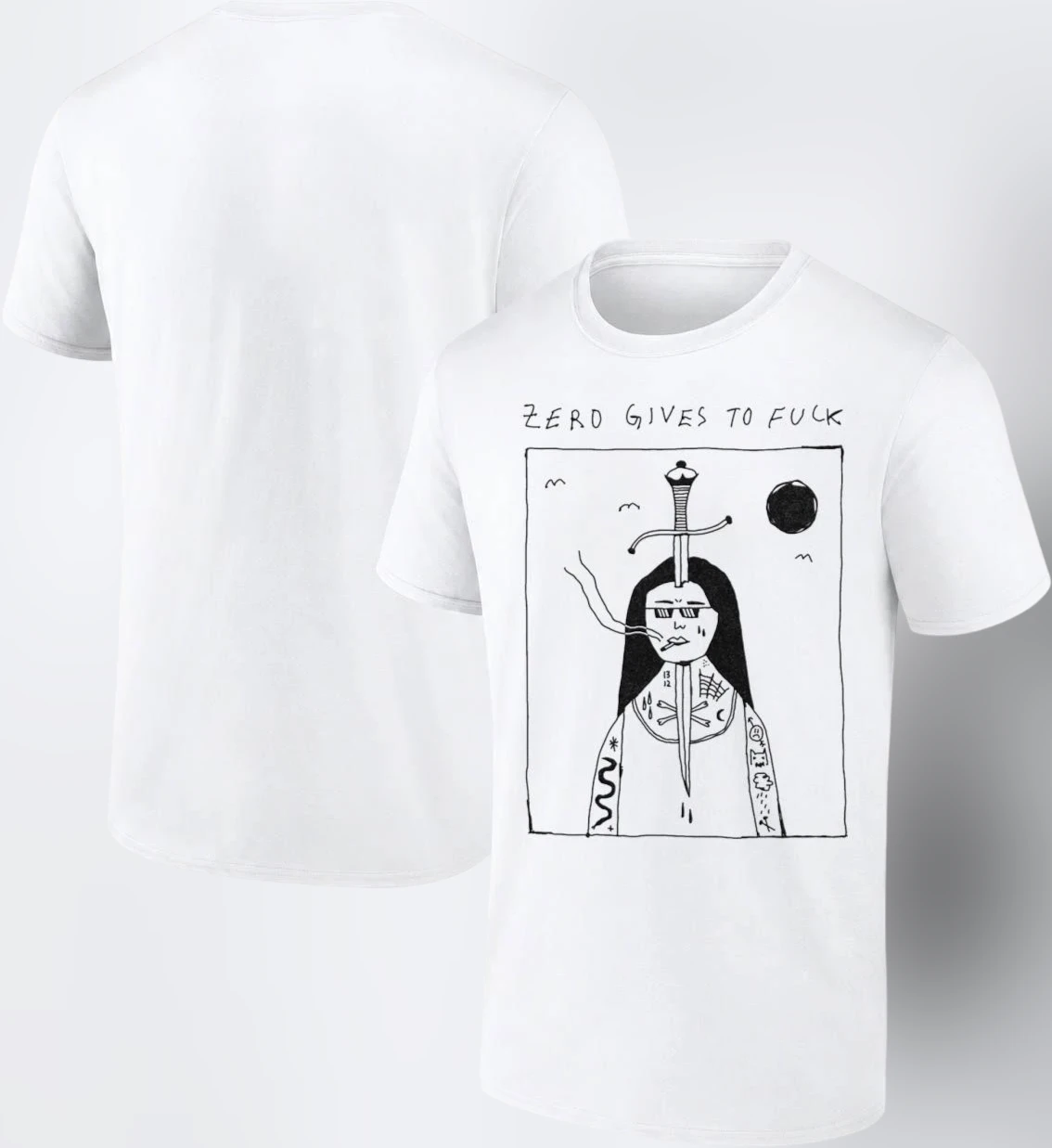 Zero Gives To Fuck Tee Funny Sarcastic Graphic T-Shirt Edgy Doodled Tattoo Line Art Streetwear Top