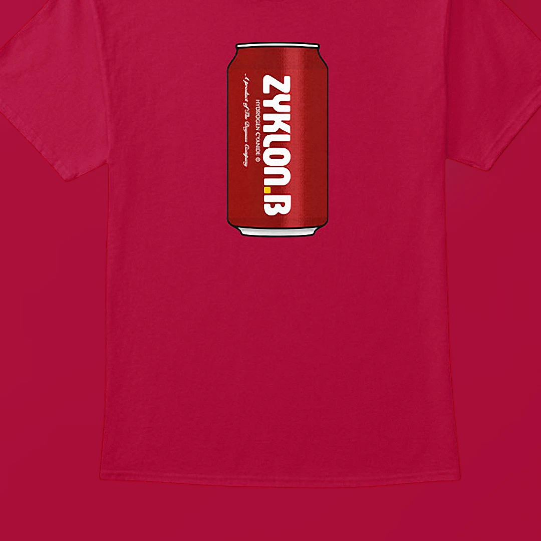 Zyklon B Soda Can Parody Graphic Tee, Dark Humor Hydrogen Cyanide Shirt for Men and Women