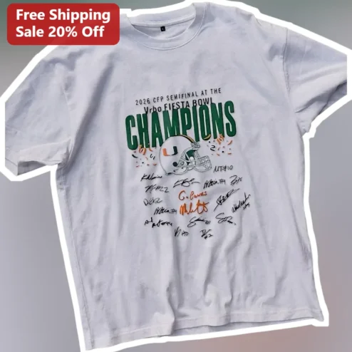 2026 CFP Semifinal at the Vrbo Fiesta Bowl Champions Miami Hurricanes Mario Cristobal Signature Tee