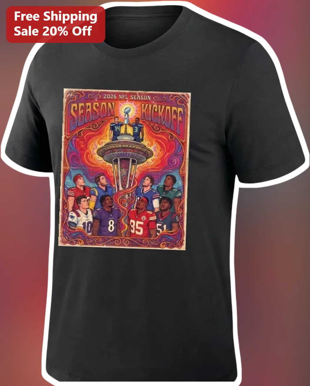 2026 NFL Season Kickoff Tee Retro Space Needle Quarterback Collage Graphic Shirt for Football Fans