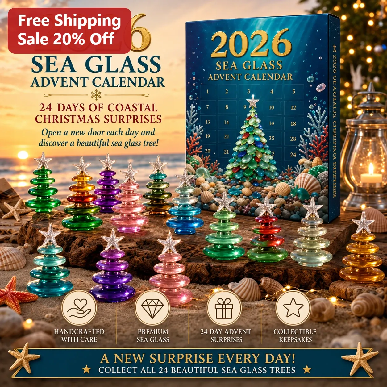 2026 Sea Glass Advent Calendar for Adults, Handcrafted Coastal Christmas Tree Ornaments Collectible Keepsakes