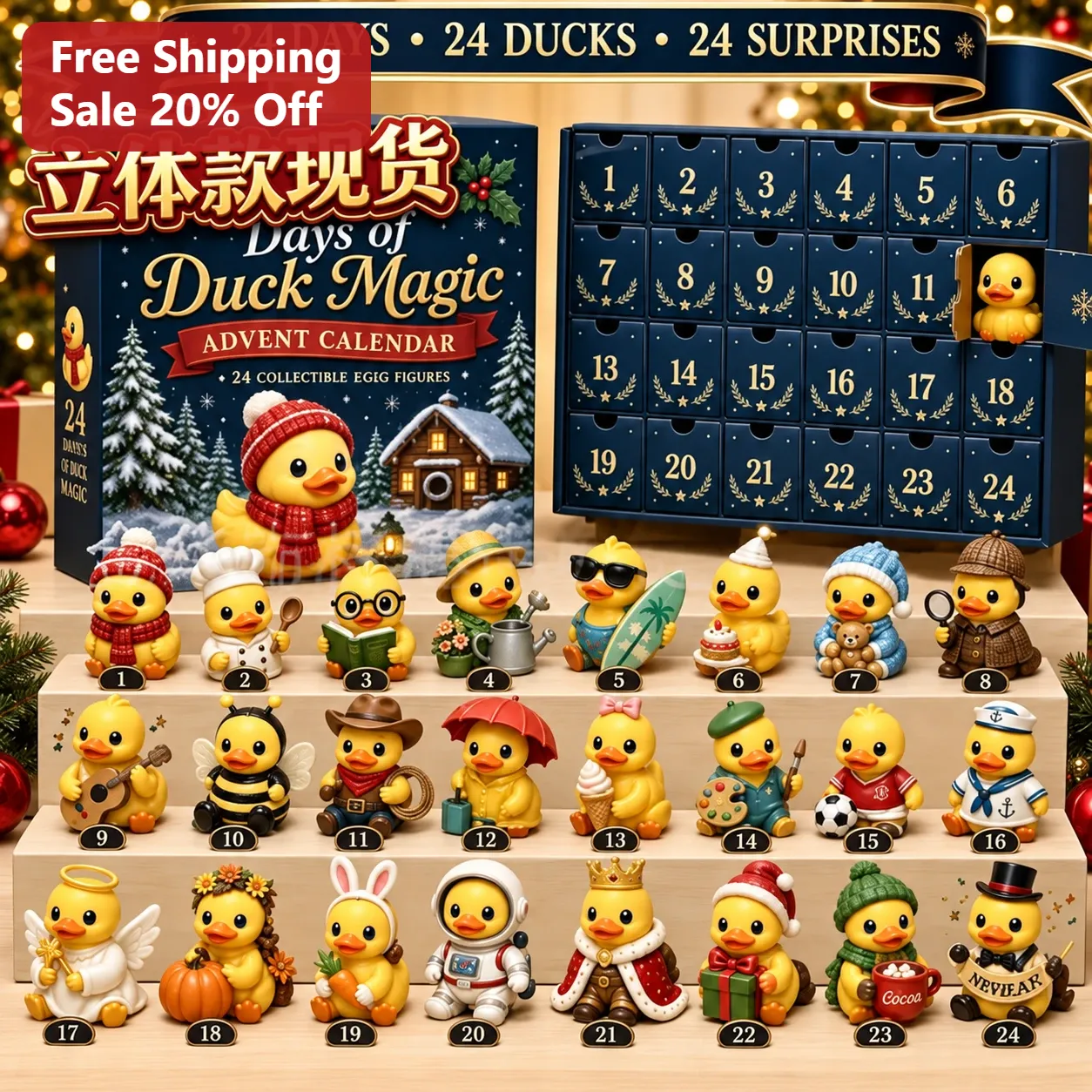24-Day Duck Magic Advent Calendar Christmas Countdown Collectible Rubber Duck Figures Gift for Kids and Duck Lovers