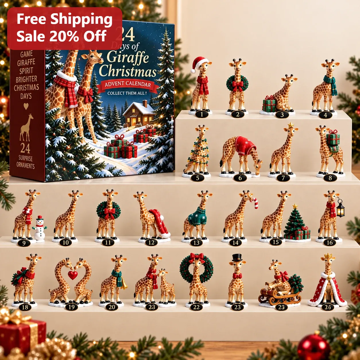 24 Days of Giraffe Christmas Advent Calendar Ornament Set for Giraffe Lovers