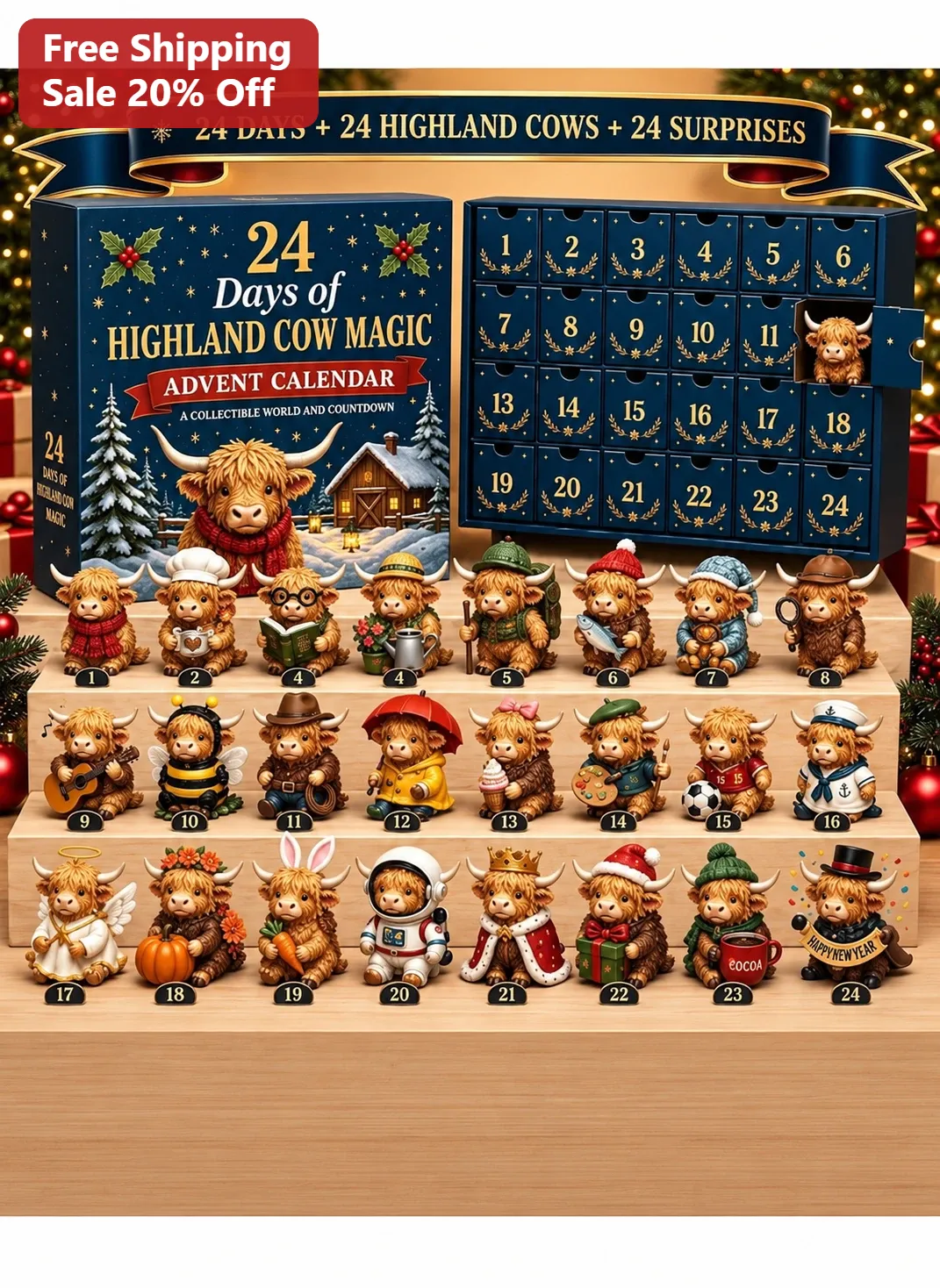 24 Days of Highland Cow Magic Advent Calendar Box Collectible Holiday Countdown Gift for Animal Lovers