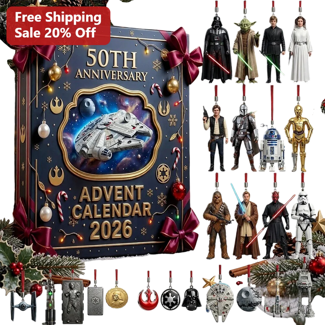 50th Anniversary Advent Calendar Star Wars Characters Ornament Personalized Christmas Gift