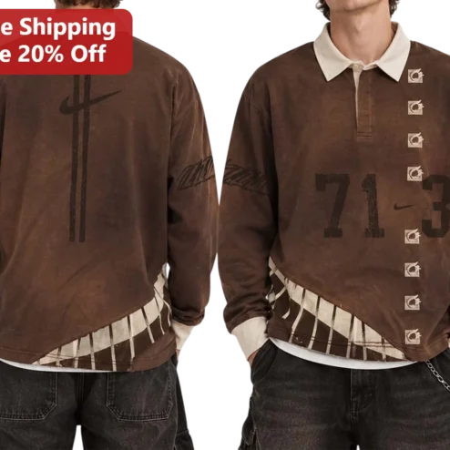 71 Rugby Shirt Vintage Brown Acid Wash Distressed Number Streetwear Top
