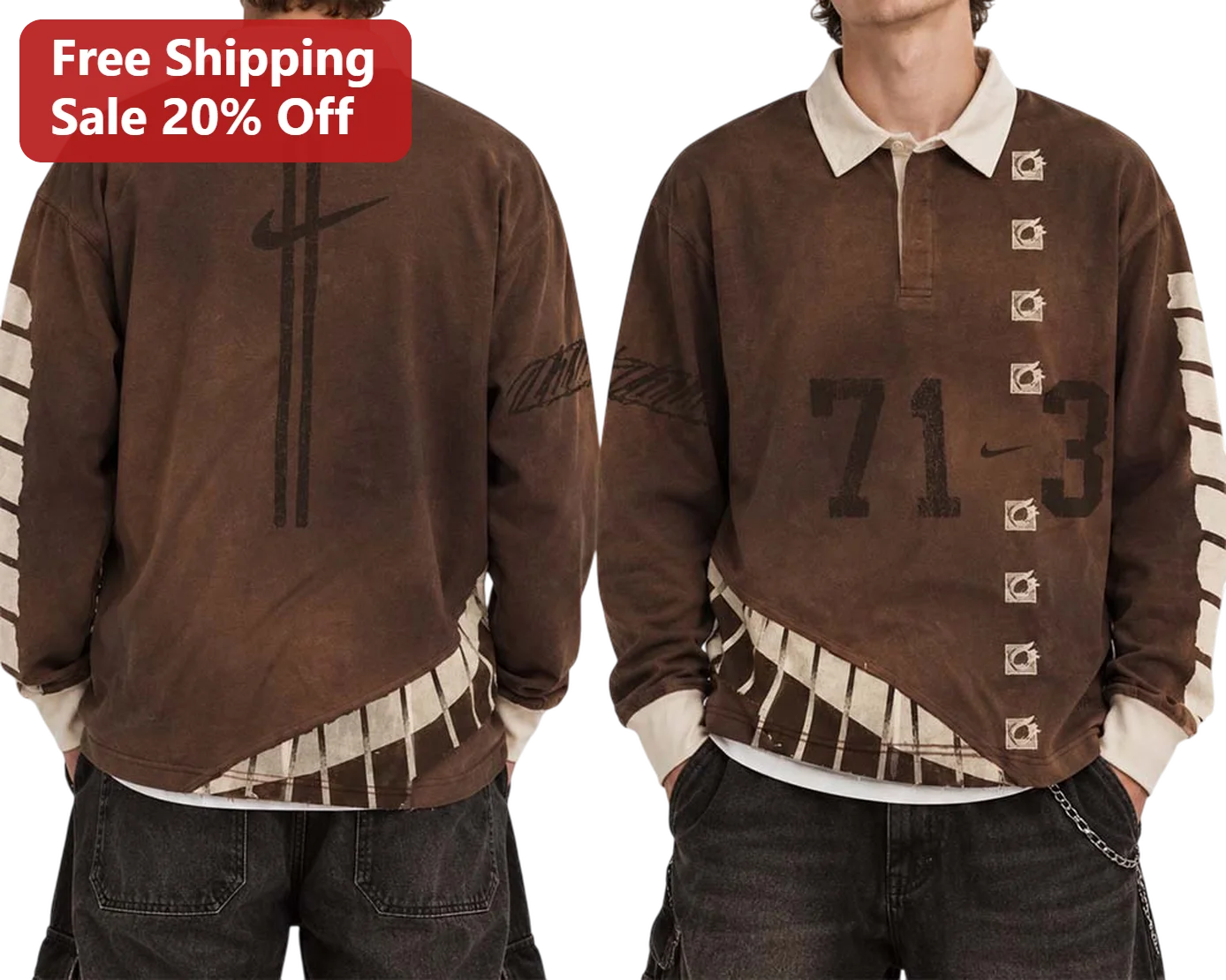 71 Rugby Shirt Vintage Brown Acid Wash Distressed Number Streetwear Top