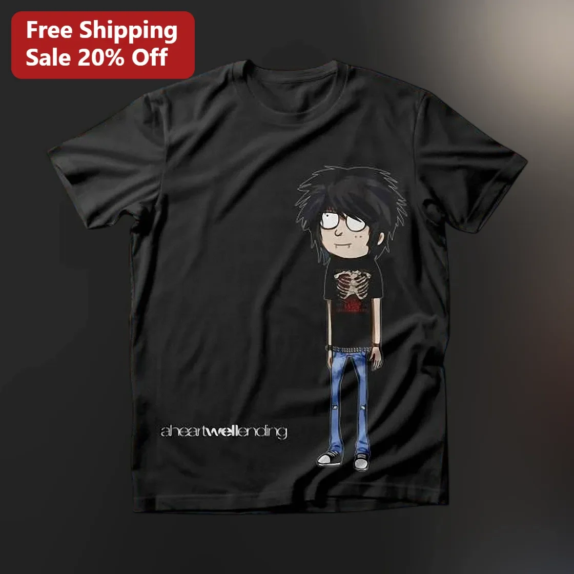 A Heartwell Ending Emo Boy Cartoon Graphic Tee Alternative Rock Band Merch