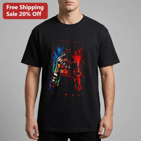 Abstract Neon Graphic Tee for Men, Dark Streetwear Shirt with Colorful Red Blue Green Art Print, Edgy Gift