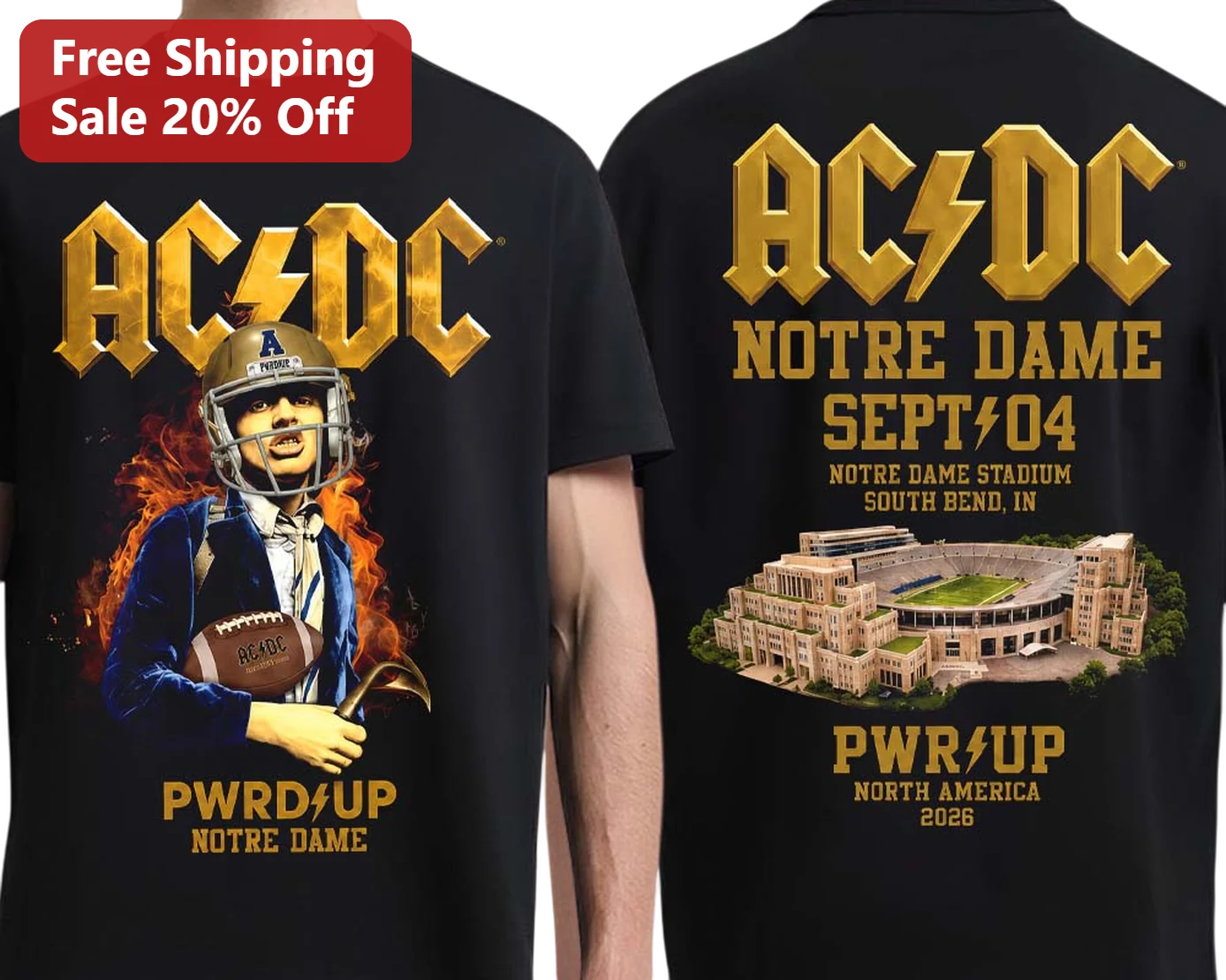 AC/DC PWR UP Notre Dame Football Fan Graphic Tee