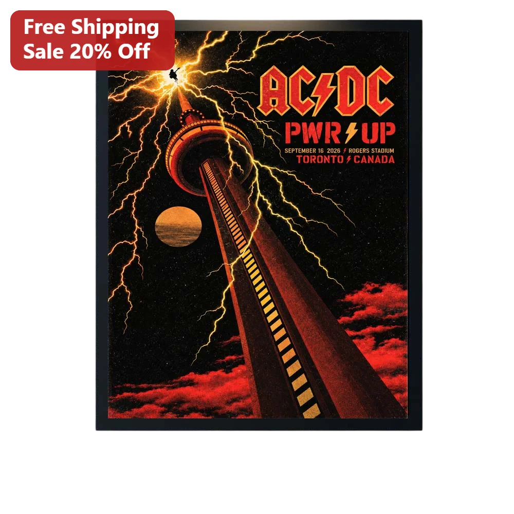 AC/DC PWR UP Tour Poster Vintage Rock Concert Art CN Tower Lightning Design