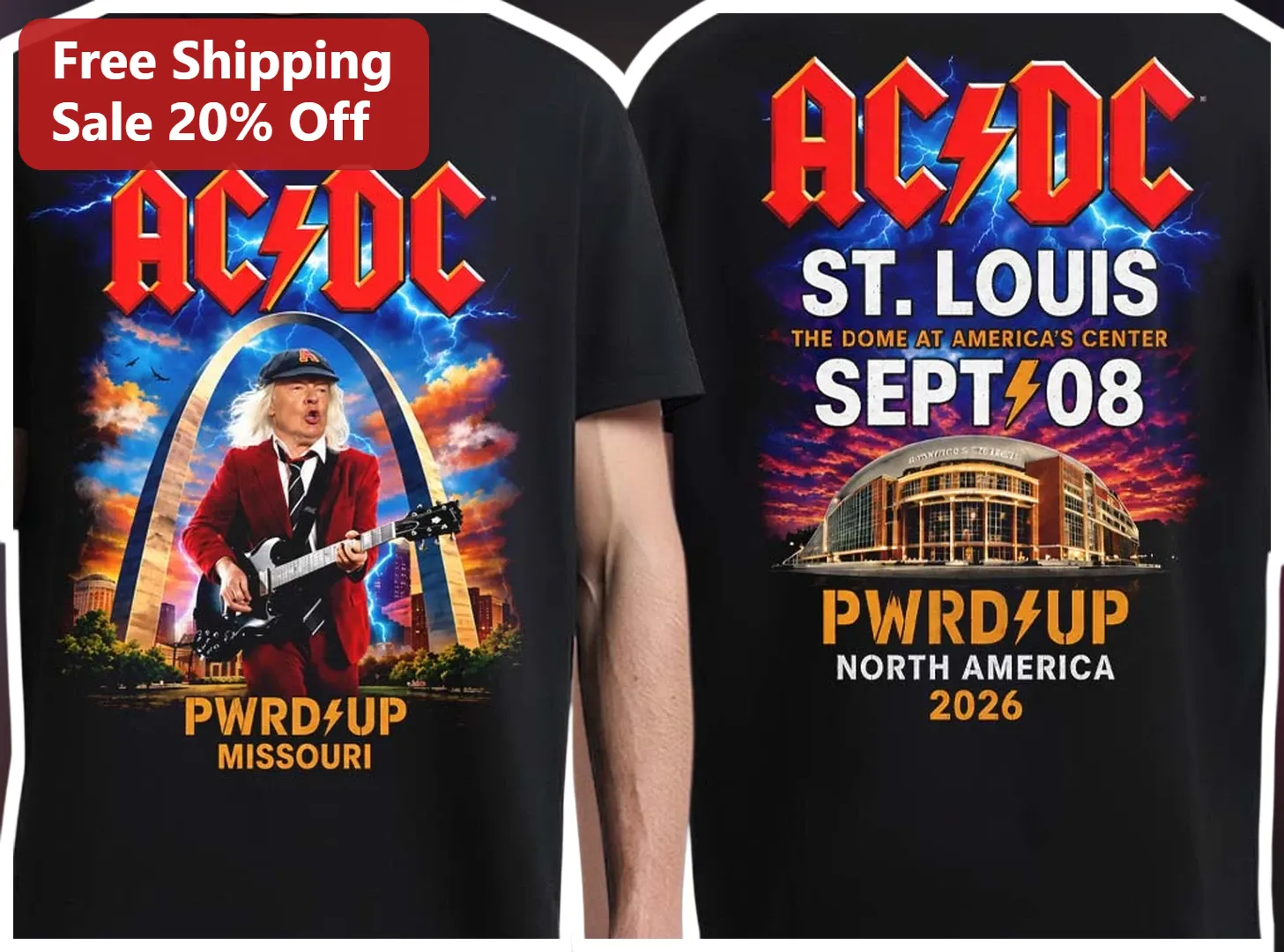 AC/DC PWRD UP Angus Young Guitarist Graphic Tee Rock Concert Merch