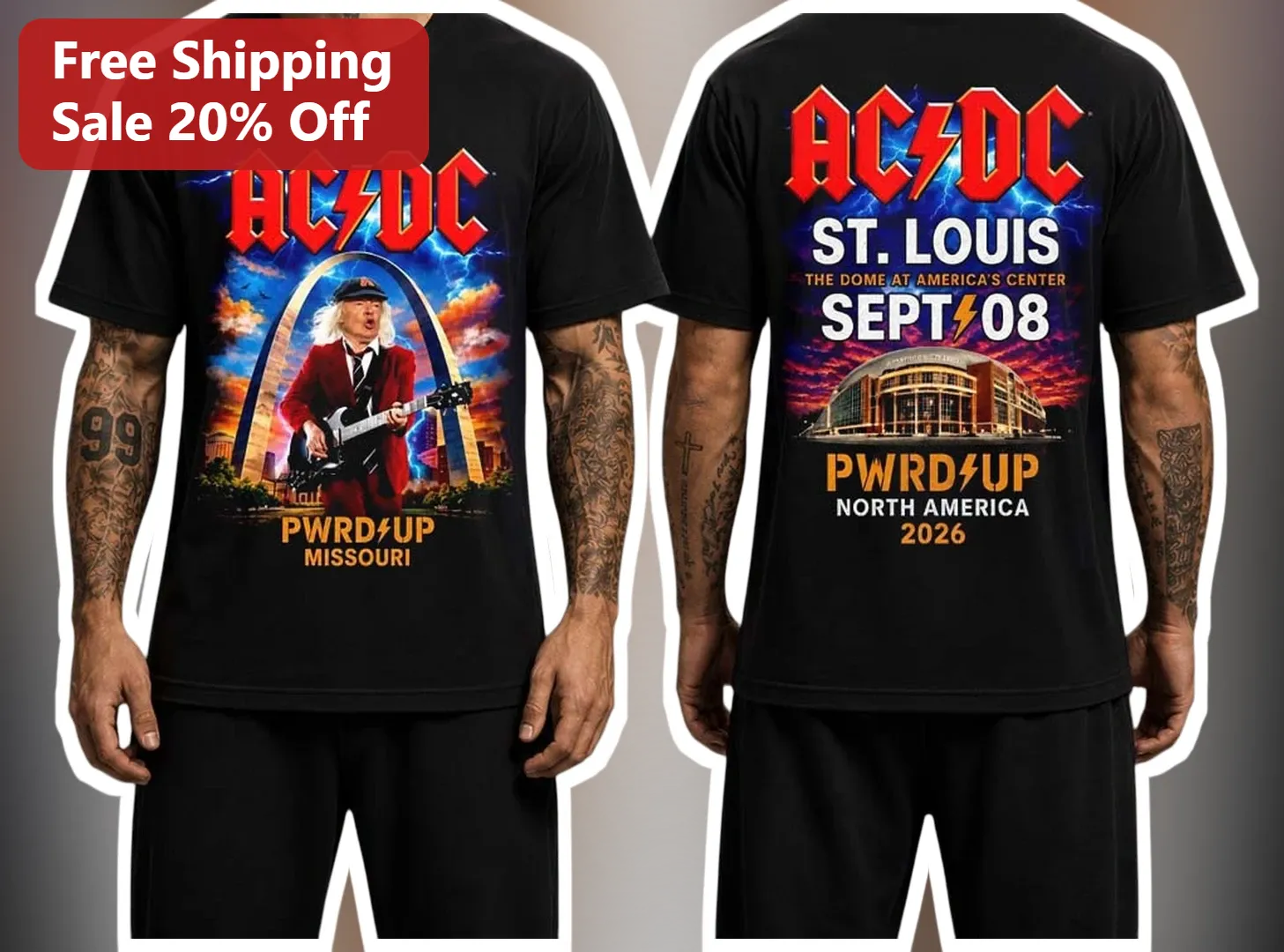 AC/DC PWRD UP Brian Johnson St. Louis Concert Graphic Tee