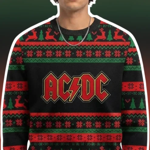 AC/DC Ugly Christmas Sweater Black Knit Pullover with Reindeer and Logo for Rock Fans Holiday Gift