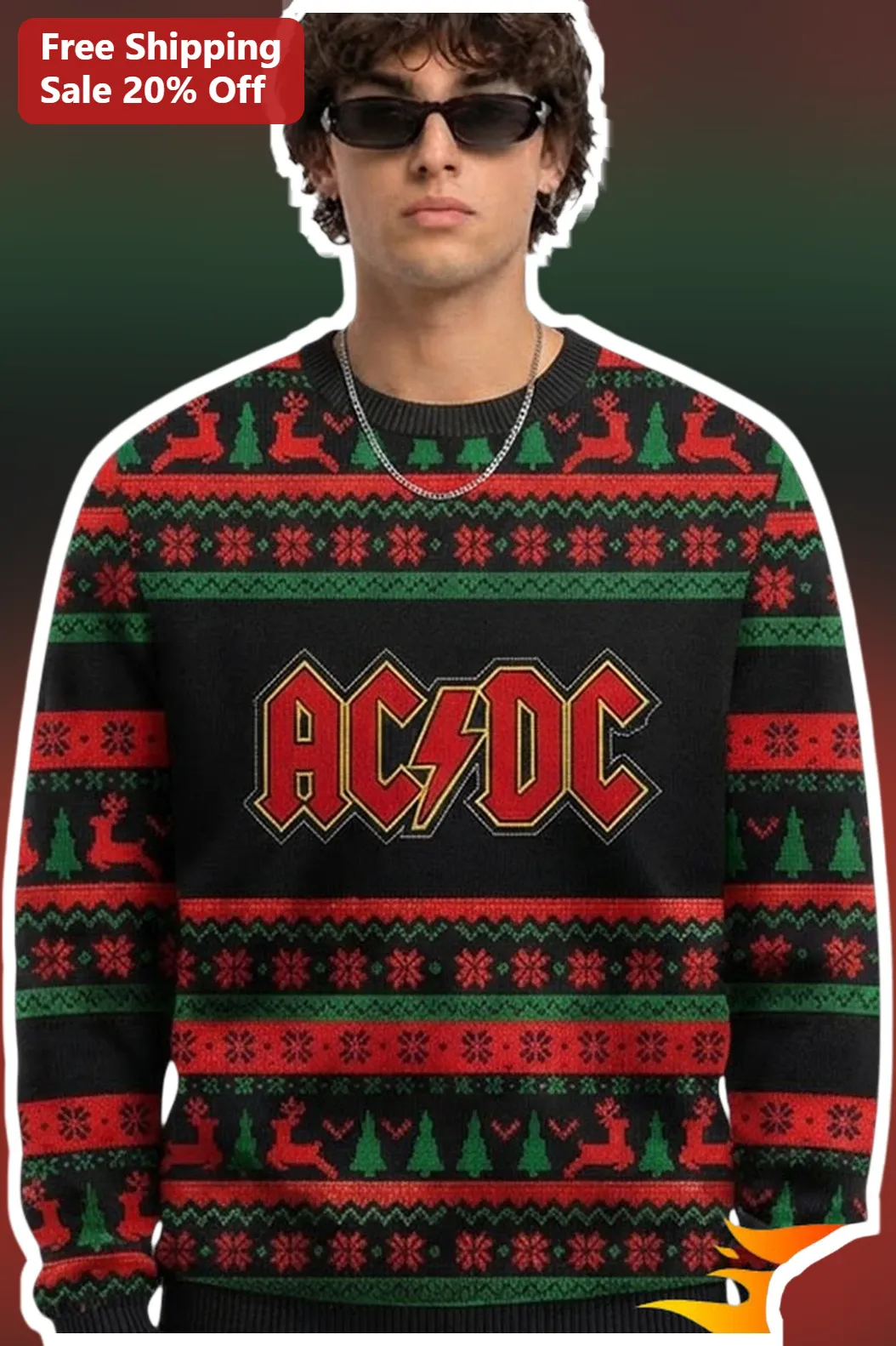 AC/DC Ugly Christmas Sweater Black Knit Pullover with Reindeer and Logo for Rock Fans Holiday Gift