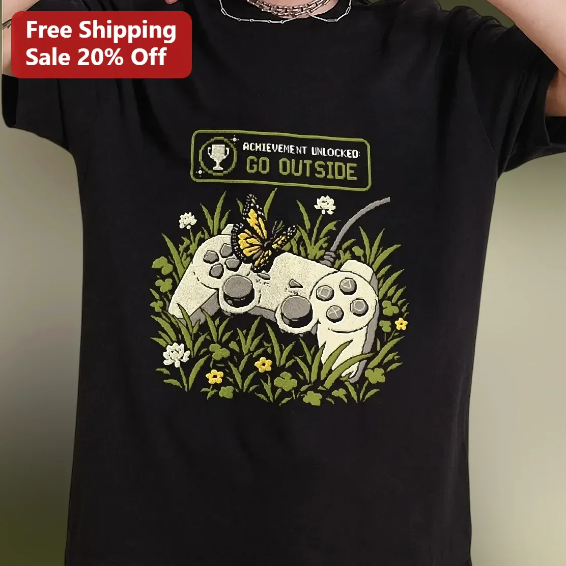 Achievement Unlocked Go Outside Tee Funny Gamer Gift Retro Gaming Shirt