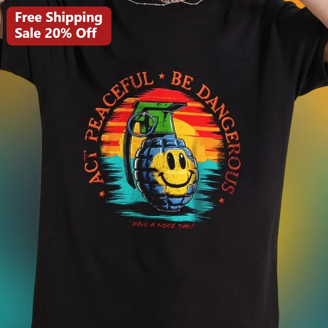 Act Peaceful Be Dangerous Quote Retro Grenade Smiley Face Graphic Tee