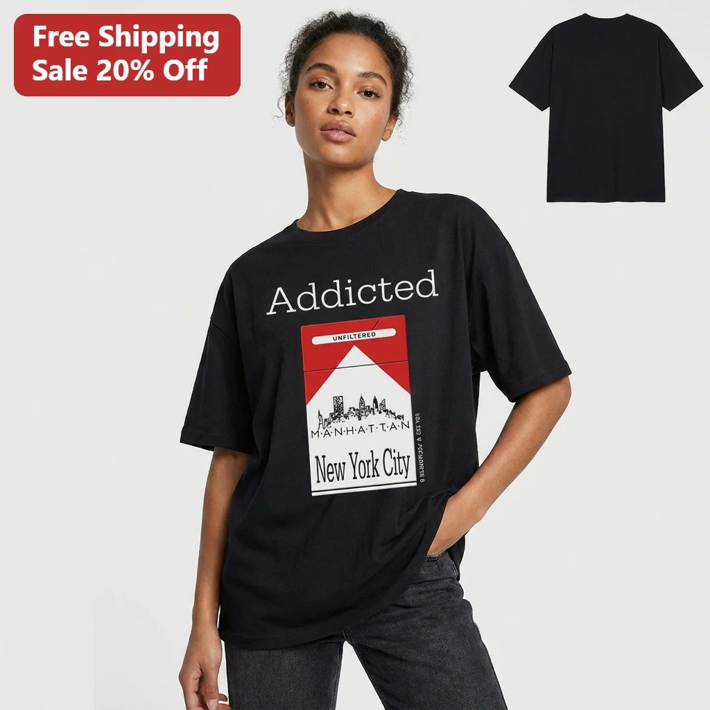 Addicted Unfiltered Manhattan New York City Cigarette Pack Tee, Retro NYC Skyline Graphic Shirt