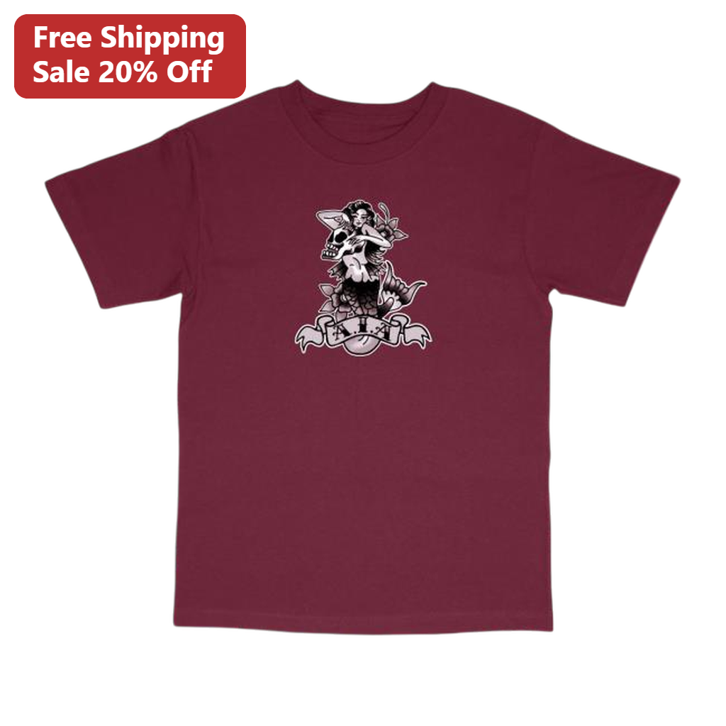 AIA Pin-Up Mermaid Skull Tattoo Tee Vintage Traditional Flash Graphic Shirt