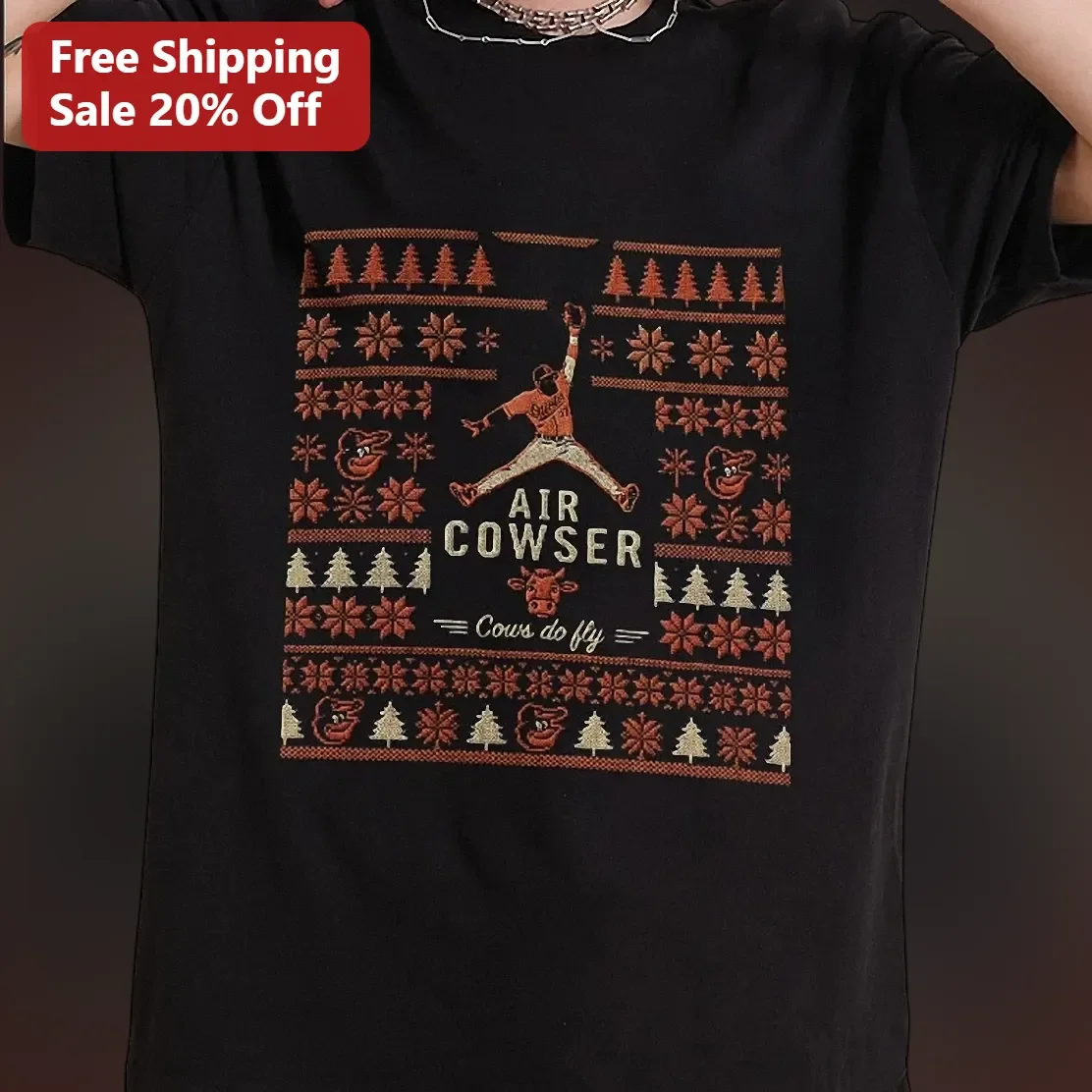 Air Cowser Cows Do Fly Baseball Ugly Christmas Sweater Tee