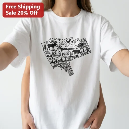 Algonquin Park Camping Wilderness Lake Bird Watching Hiking Tee, Ontario Park Map Souvenir Gift for Outdoor Adventure Lovers