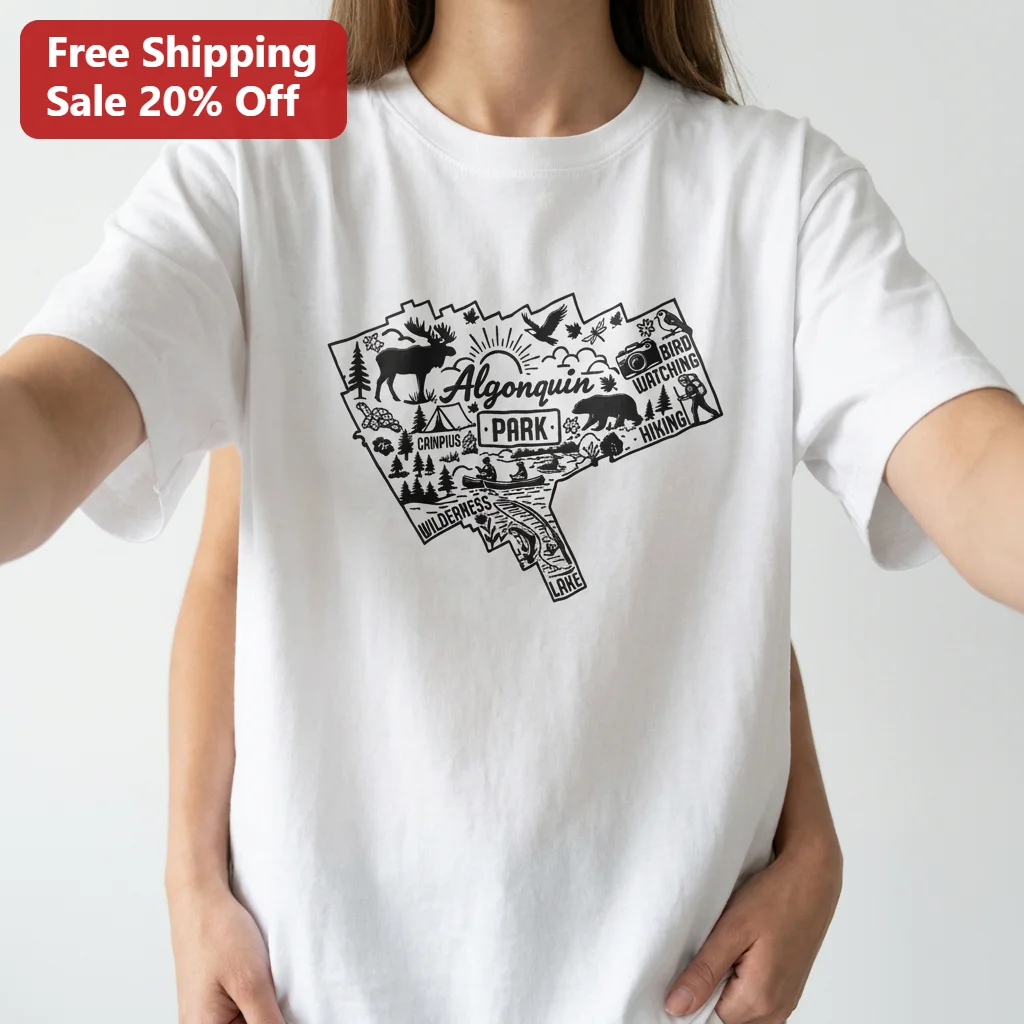 Algonquin Park Camping Wilderness Lake Bird Watching Hiking Tee, Ontario Park Map Souvenir Gift for Outdoor Adventure Lovers