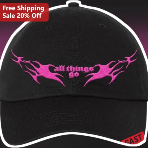 All Things Go Cap Y2K Tribal Flame Embroidered Baseball Hat Black Distressed Festival Merch
