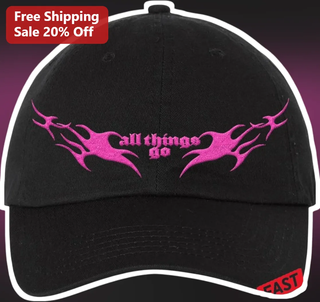 All Things Go Cap Y2K Tribal Flame Embroidered Baseball Hat Black Distressed Festival Merch