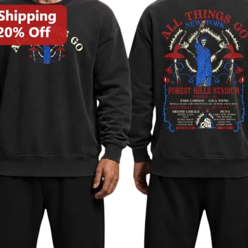 All Things Go New York Sweatshirt Statue of Liberty Skeleton Mushroom Vintage Music Festival Merch