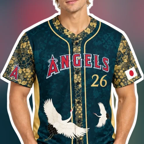 Angels Jersey Japanese Style Crane Pattern Baseball Uniform Men Women Custom Name Number